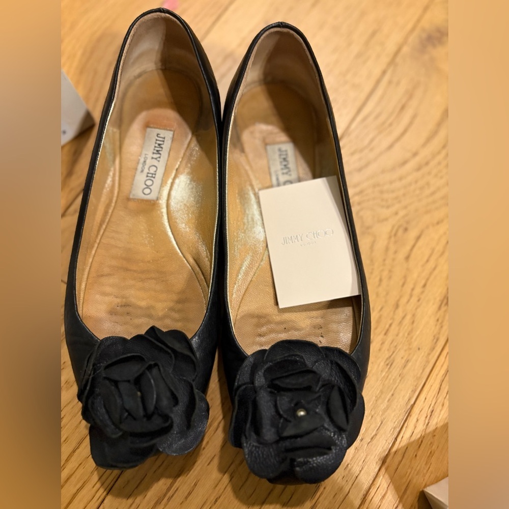 Jimmy Choo Black Leather Rosette Ballet Flats | Size 37.5 | Box | Authentic - Picture 5 of 12